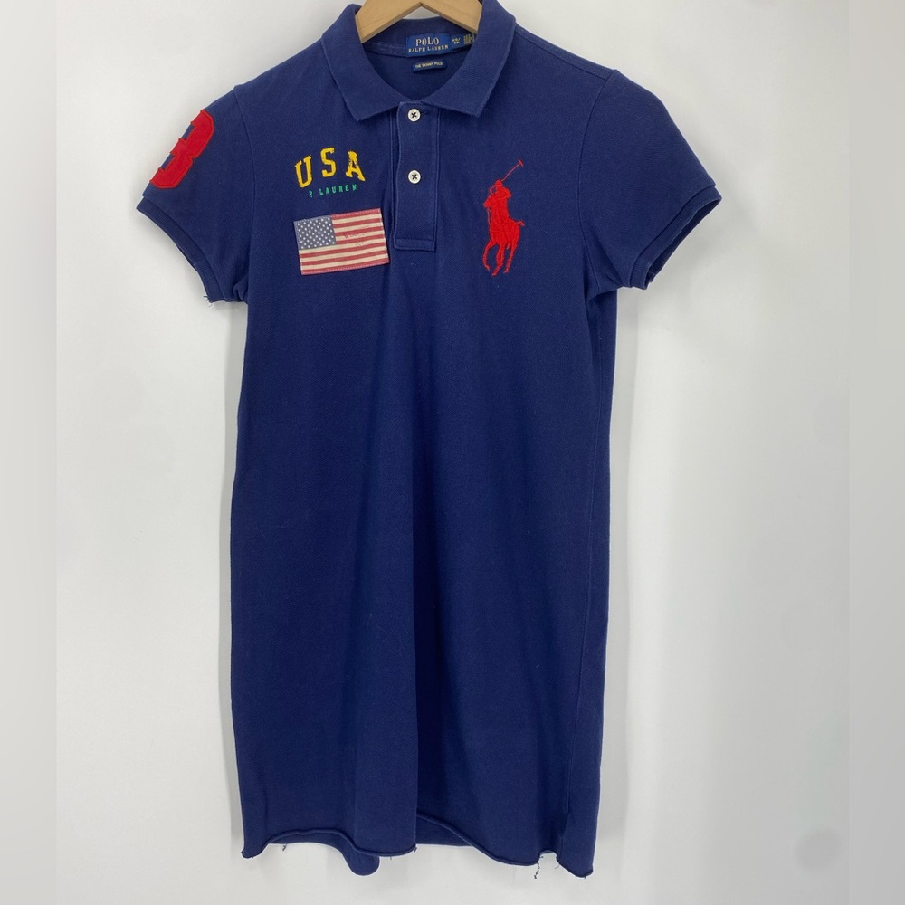 Polo Ralph Lauren USA Flag Skinny Fit Polo Shirt Dress XS Blue Big Pony
